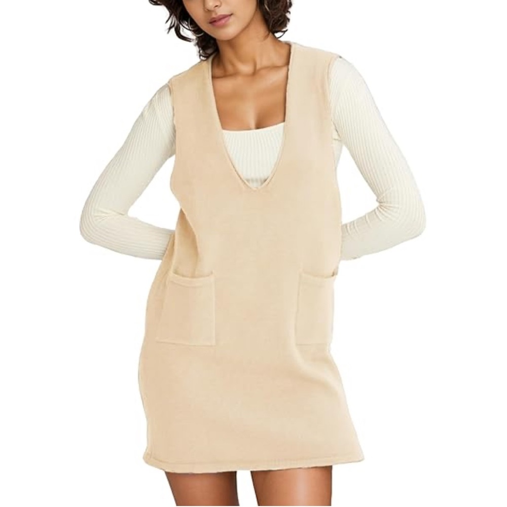 Beige Sleeveless knit Dress with Pockets